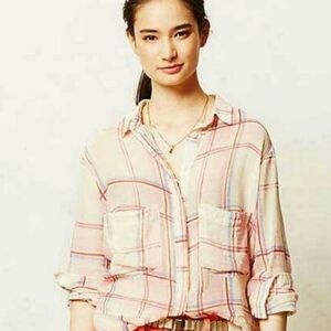 Anthropologie Holding Horses Pastel Pink Plaid Button-Down Shirt Large (5969)
